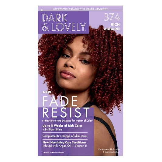 Dark and Lovely Fade Resist Rich Conditioning Hair Color in 374 Rich Auburn, showing the vibrant auburn shade in the bottle.
