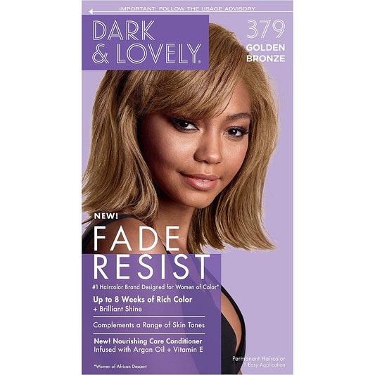 Dark and Lovely Fade Resist Rich Conditioning Hair Color in Golden Bronze, showing the hair color tube with golden bronze shade.