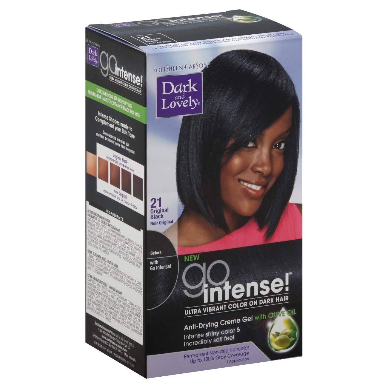 Dark and Lovely Go Intense Permanent Hair Color in Original Black 21, showing a tube of hair dye from Pasteur Pharmacy.