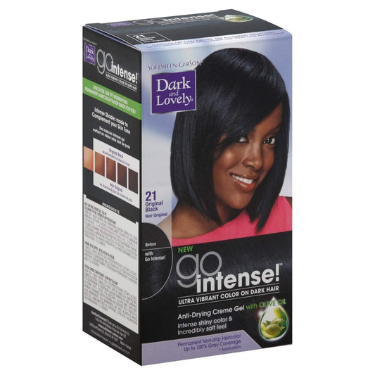 Dark and Lovely Go Intense Permanent Hair Color in Original Black 21, showing a tube of hair dye from Pasteur Pharmacy.