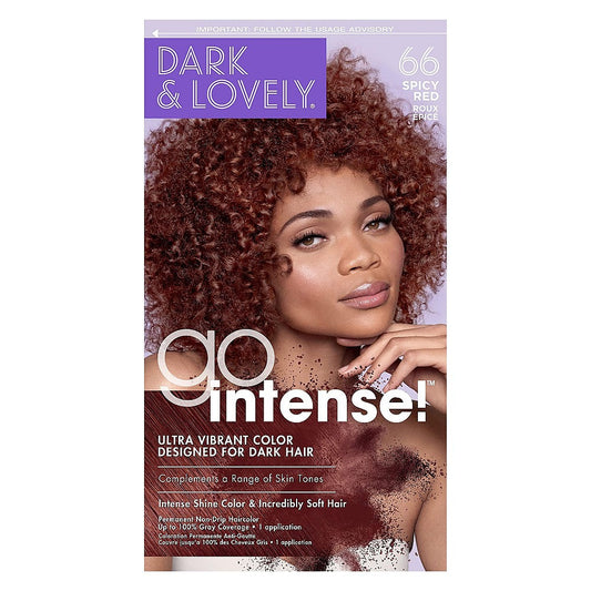 Dark and Lovely Go Intense Spicy Red 66 permanent hair color tube from Pasteur Pharmacy, featuring vibrant red hair dye.