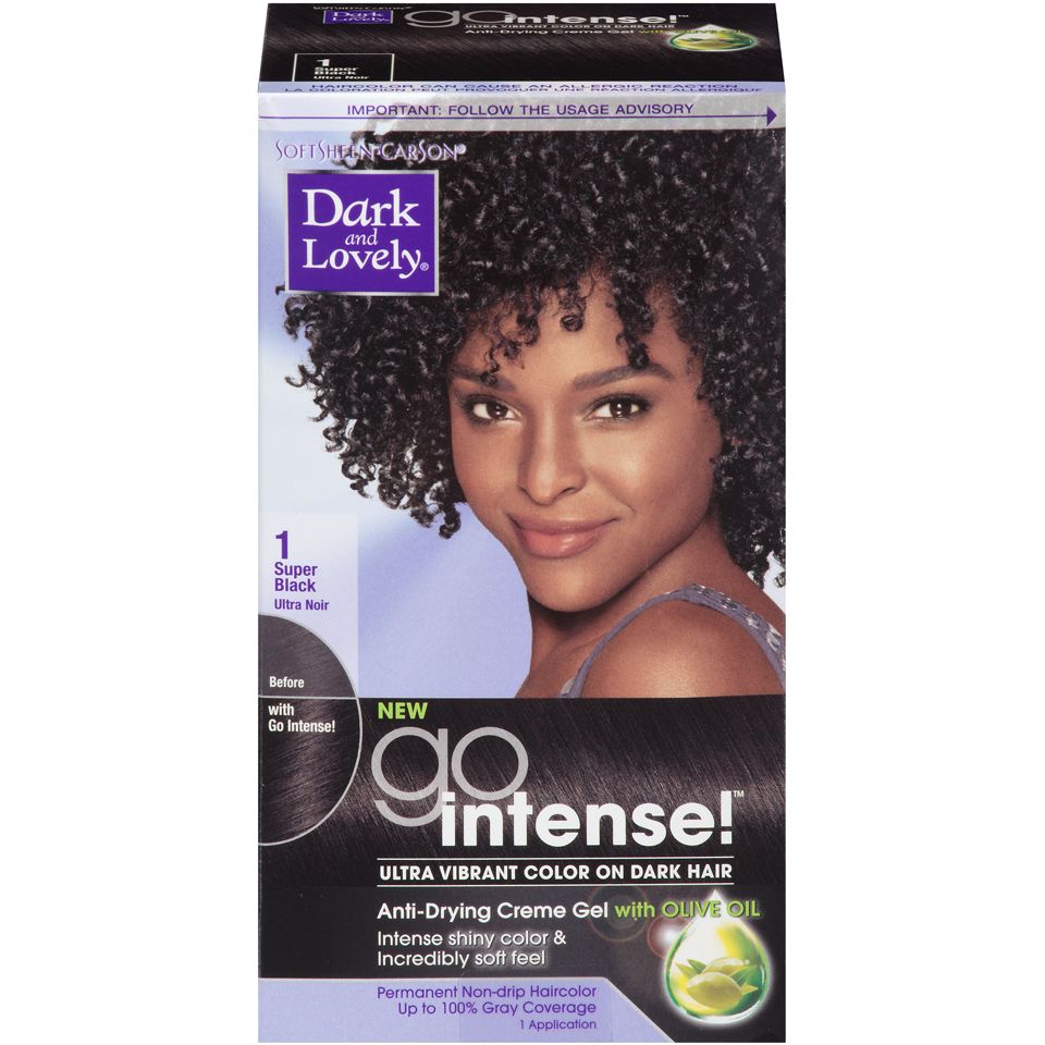 Dark and Lovely Go Intense Permanent Hair Color in Super Black 1, showcasing rich black hair dye in a tube.