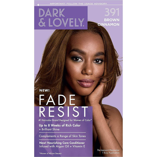 Dark and Lovely SoftSheen-Carson Brown Cinnamon Fade Resist Hair Color kit with rich conditioning formula and natural brown cinnamon shade.