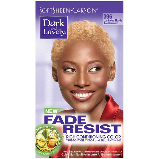 Dark and Lovely SoftSheen-Carson Fade Resist Rich Conditioning Hair Color in Luminous Blonde, showing the boxed kit with hair color components.