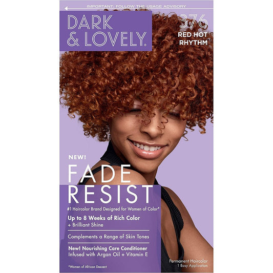 Dark & Lovely Fade Resist Permanent Hair Color in shade 376 Red Hot Rhythm, showing the vibrant red hair dye in a container.