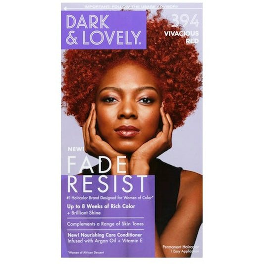 Dark & Lovely Fade Resist Permanent Hair Color in shade 394 Vivacious Red, showcasing vibrant red hair color from Pasteur Pharmacy