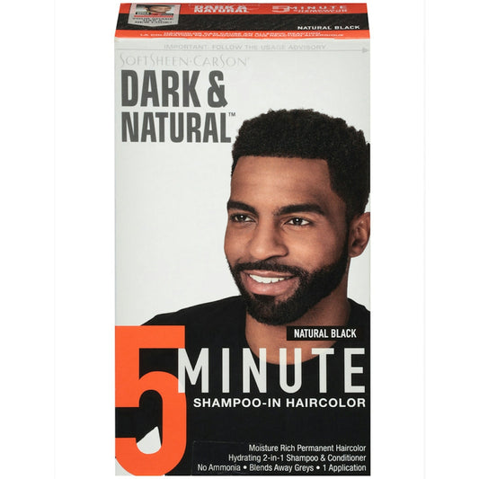 Dark and natural black shampoo-in hair color kit for men by Pasteur Pharmacy, quick 5-minute natural black hair dye application.