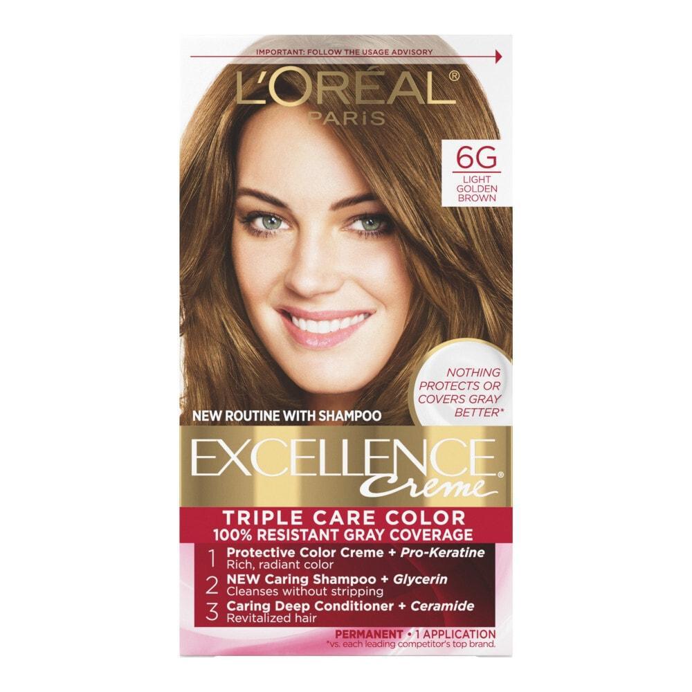 L'Oreal Paris Excellence Triple Protection Hair Color in Light Golden Brown, 6.3 fl oz, permanent hair dye kit with color tube and gloves
