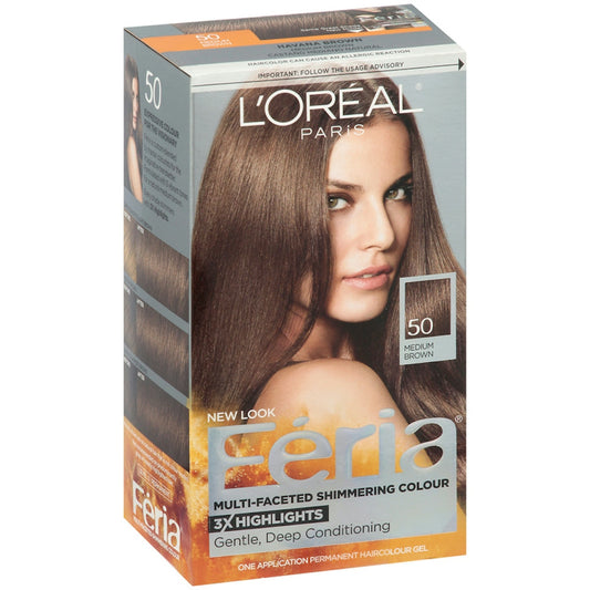 Feria L'Oréal Paris multi-faceted permanent hair color in 50 Medium Brown showing the box and color swatch.