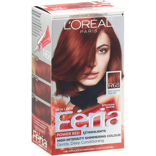 L'Oréal Paris Feria Multi-Faceted Permanent Hair Color R68 Rich Auburn True Red in a box for vibrant red hair coloring.