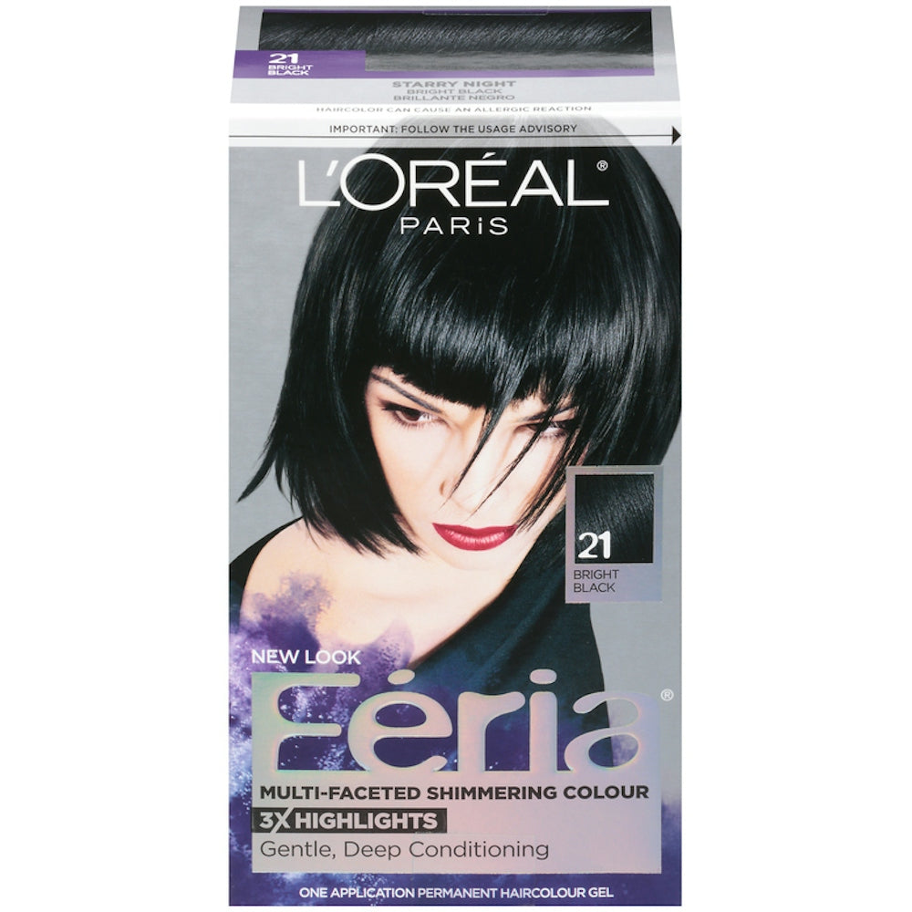 L'Oreal Paris Feria Bright Black 21 Cooler permanent hair color gel in a tube, designed for vibrant black hair coloring