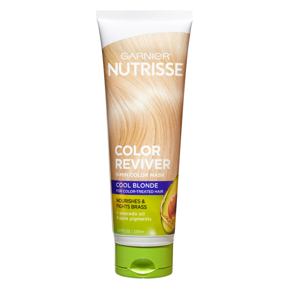 Garnier 5 Minute Nourishing Color Hair Mask in Cool Blonde, 4.2 oz, showing the jar with cool blonde hair and product label