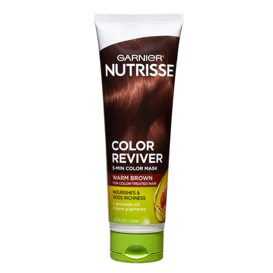 Garnier Nutrisse 5 Min Color Hair Mask in Warm Brown, 4.2 Fl Oz, showing the product tube and packaging.