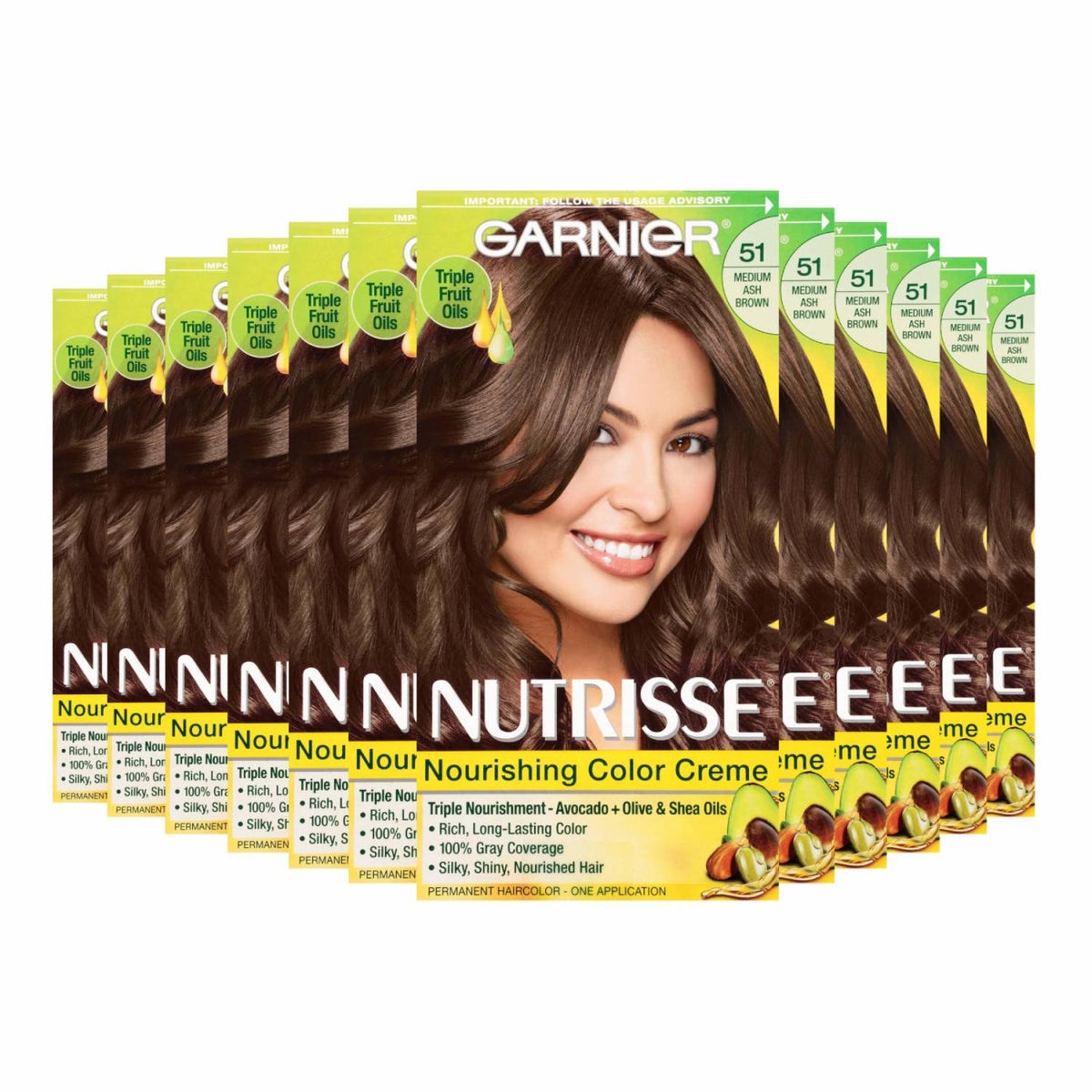 Garnier Nutrisse Nourishing Hair Color Crème in 51 Medium Ash Brown with cool macadamia tone, showing the hair dye box and application.