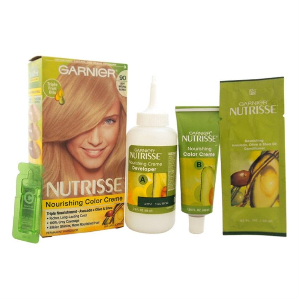 Garnier Nutrisse Nourishing Color Creme 90 Light Natural Blonde hair dye, showcasing the tube and color palette.