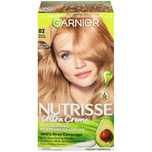 Garnier Nutrisse Nourishing Permanent Hair Color in 82 Pearly Blonde with champagne fizz shade, showing the hair color tube and packaging