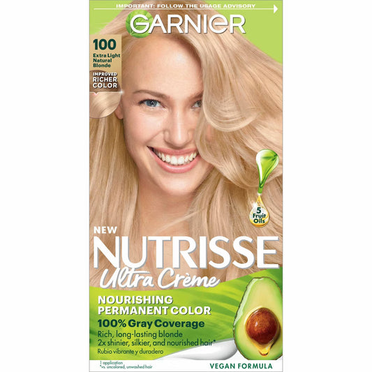 Garnier Nutrisse Ultra Color Nourishing Color Creme in 100 Extra-Light Natural Blonde Chamomile, showcasing the hair color tube.