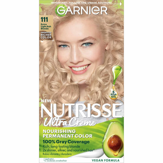 Garnier Nutrisse Ultra Color Nourishing Color Creme in 111 Extra Light Ash Blonde, creamy hair color tube with branding and product label
