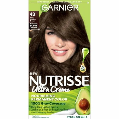 Garnier Nutrisse Ultra Color Nourishing Hair Color Creme in 43 Dark Golden Brown, showing the hair dye tube and color swatch.