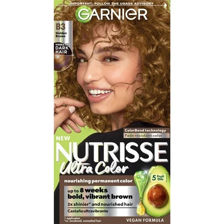 Garnier Nutrisse Ultra Color Nourishing Color Creme B3 Golden Brown hair color tube with packaging and color swatch.