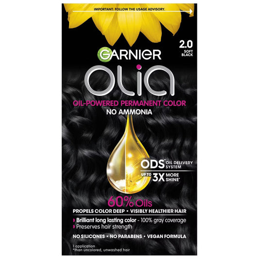 Garnier Olia Oil Powered Permanent Hair Color in 2.0 Soft Black, showing the hair color tube and packaging.