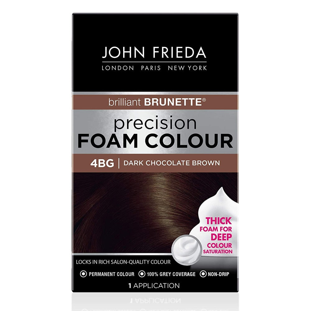John Frieda Brilliant Brunette 4BG dark chocolate brown foam hair color bottle with applicator tip.