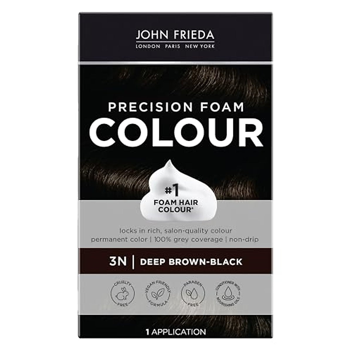 John Frieda Precision Foam Colour 3N Deep Brown Black hair color kit with foam applicator and color bottle.