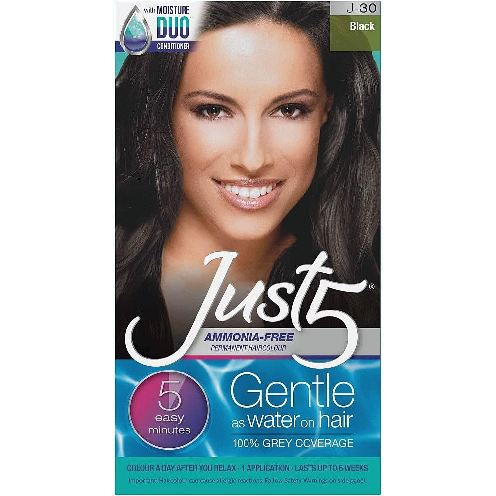 Just 5 Women's Minute Permanent Hair Color in Black Noir, Pasteur Pharmacy, showcasing the hair dye tube and packaging.