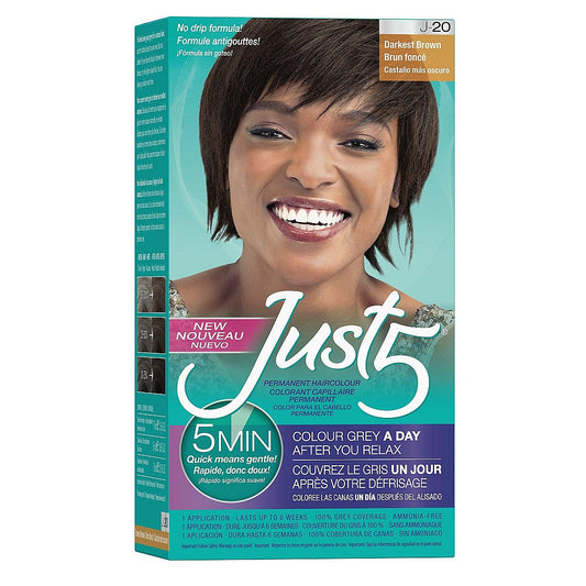 Just 5 Women's Permanent Hair Color in Darkest Brown by Pasteur Pharmacy, showing the hair color tube and packaging.