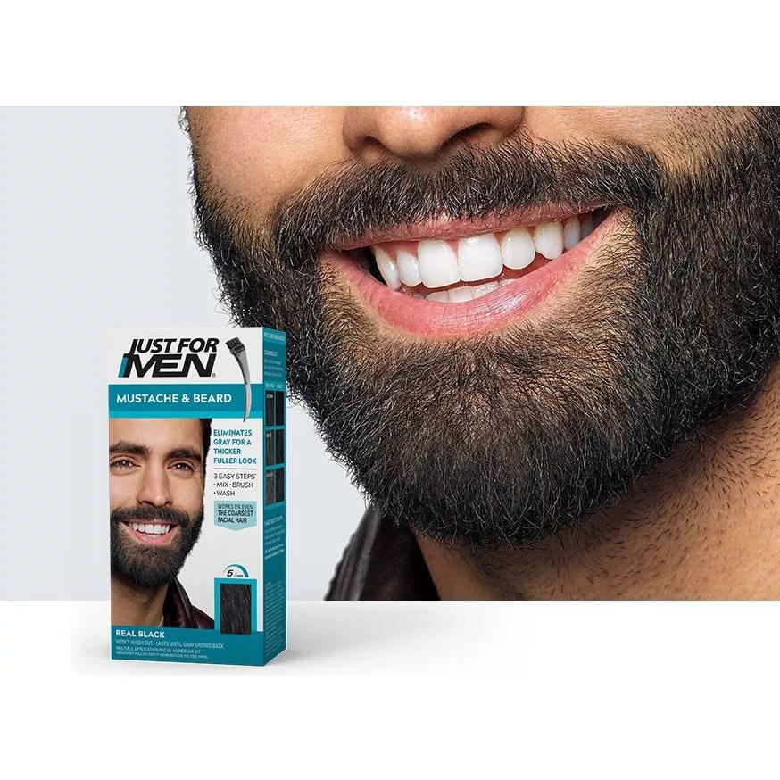 Just For Men Brush-In Color Gel for Mustache and Beard in Real Black, Pasteur Pharmacy brand, 0.5 oz, showing the gel applicator and packaging.