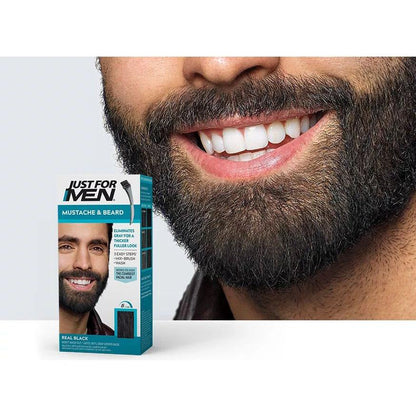 Just For Men Brush-In Color Gel for Mustache and Beard in Real Black, Pasteur Pharmacy brand, 0.5 oz, showing the gel applicator and packaging.