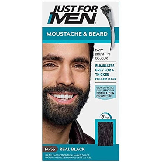 Just For Men Brush-In Color Gel for Mustache & Beard in Real Black, hair color product with applicator brush for easy use.