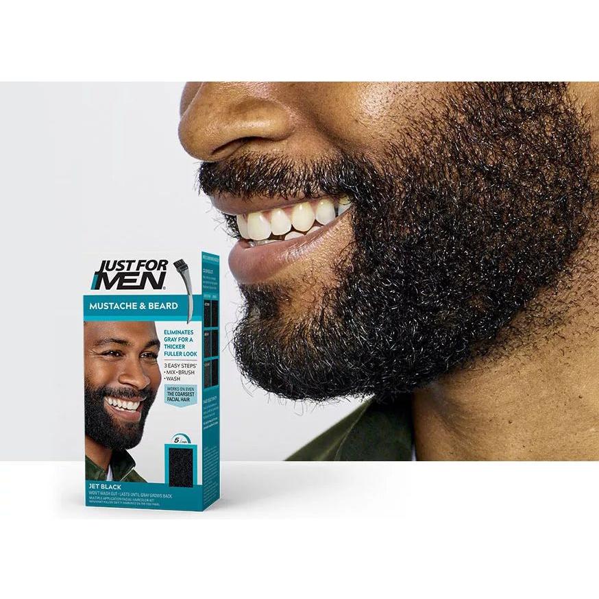 Just For Men Brush-In Color Gel for Mustache & Beard in Jet Black, Pasteur Pharmacy, 0.5 oz, showing gel applicator on facial hair.
