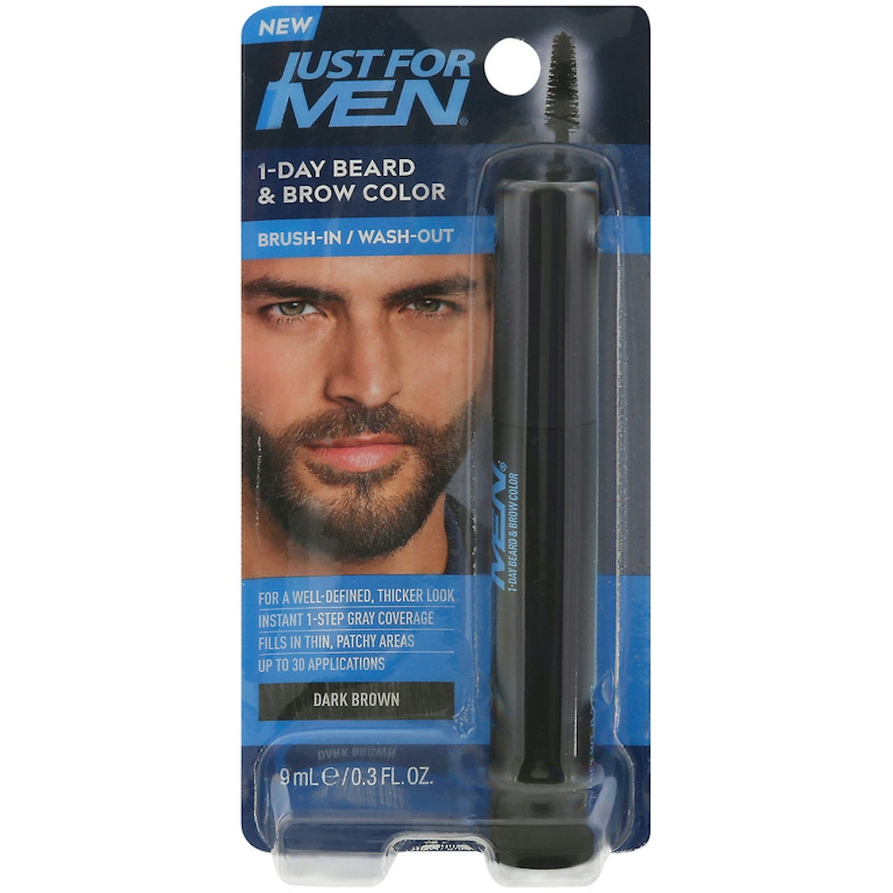 Just For Men Dark Brown 1-Day Beard and Brow Color bottle showing the hair dye product with branding and applicator brush.
