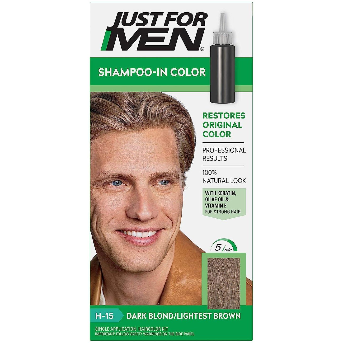 Just for Men Original Formula hair color in Dark Blonde to Light Brown shade, Pasteur Pharmacy brand, 0.5 oz tube.