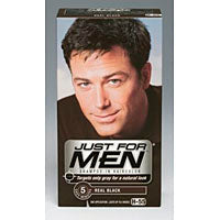 Just for Men Shampoo-In Haircolor in Real Black H-55, 2 oz, shown in a bottle with black hair color product label.