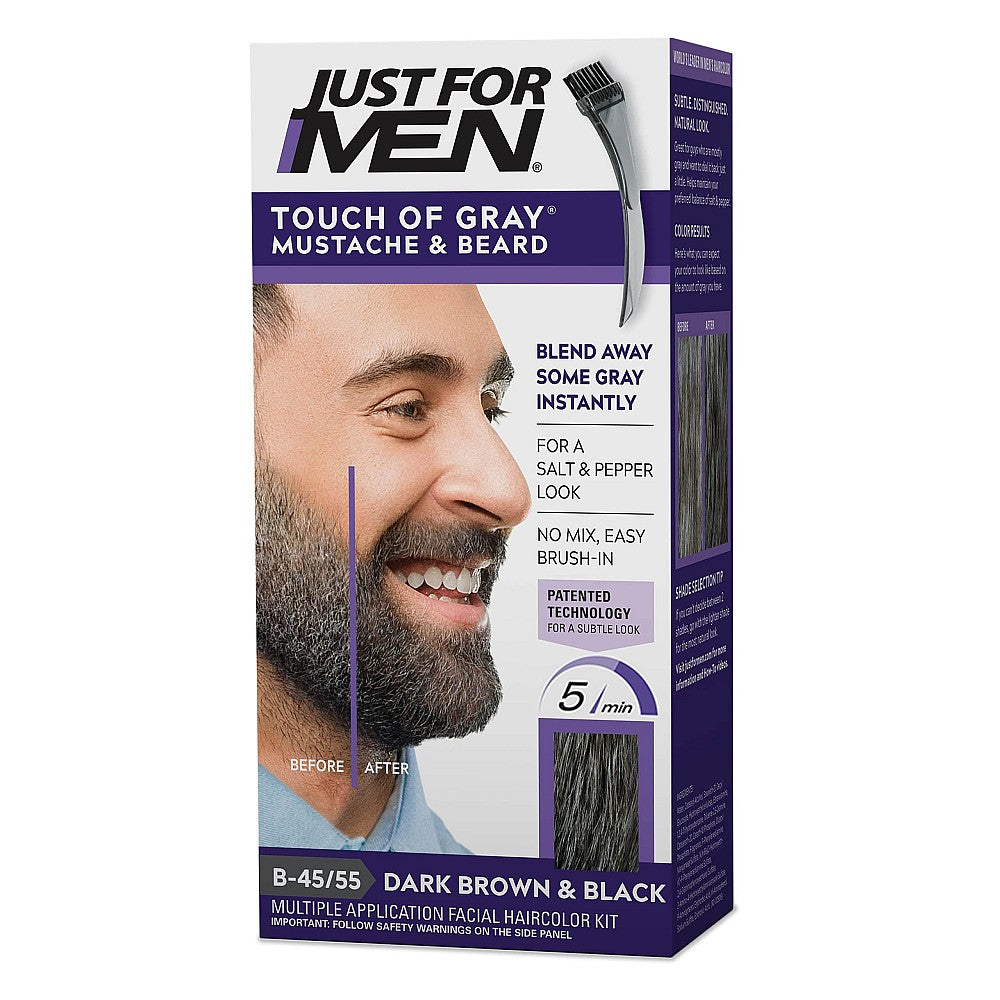 Just for Men Touch Of Gray hair color for mustache and beard in dark brown and black, featuring the Pasteur Pharmacy branding.