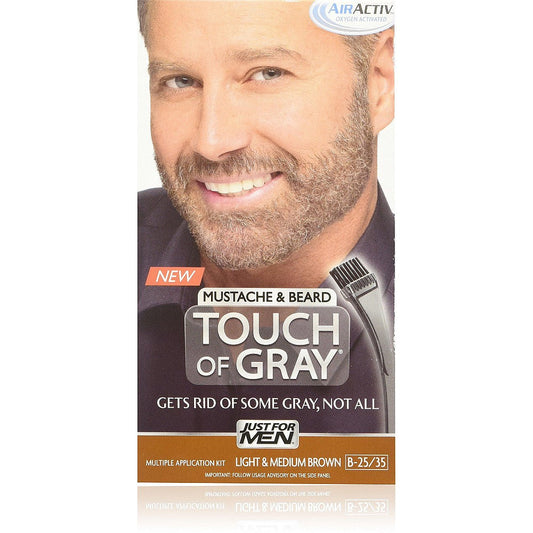 Just For Men Touch of Gray beard and mustache hair color in light and medium brown, applied to facial hair.