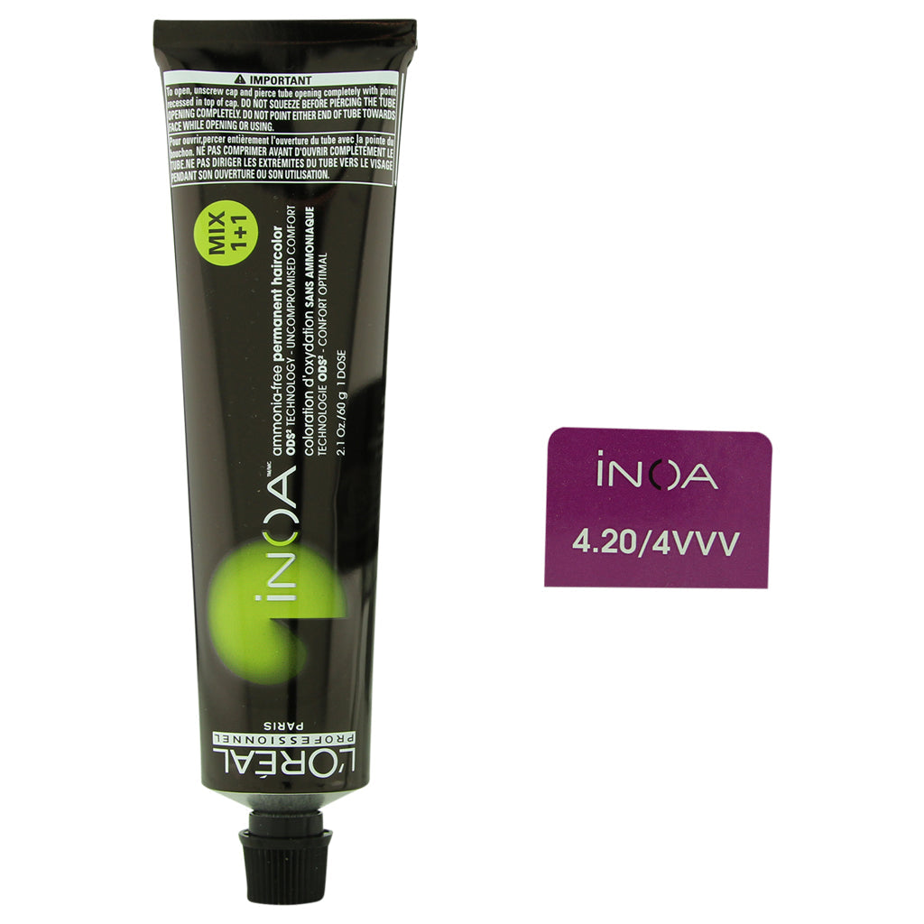 L'Oreal Paris Professionnel Inoa 4.20 hair color tube for professional hair coloring, featuring the product packaging.
