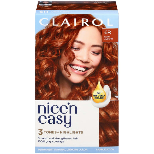 Clairol Nice’n Easy permanent hair color in Light Auburn, showing the box with product details and color swatch.