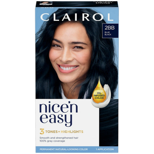 Nice’n Easy Permanent Hair Color in Blue Black 2 BB by Pasteur Pharmacy showing the hair color box with shade details