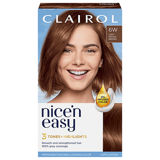 Nice’n Easy permanent hair color in Light Mocha Brown, showing the box with hair color product packaging and branding.