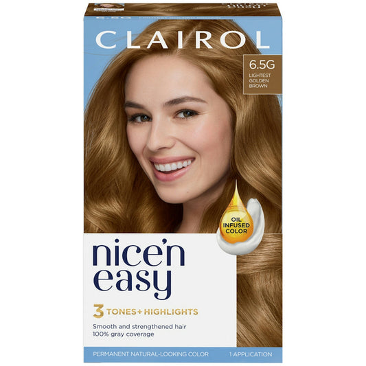 Nice’n Easy permanent hair color in Lightest Golden Brown 6.5G by Pasteur Pharmacy showing a box of hair dye.