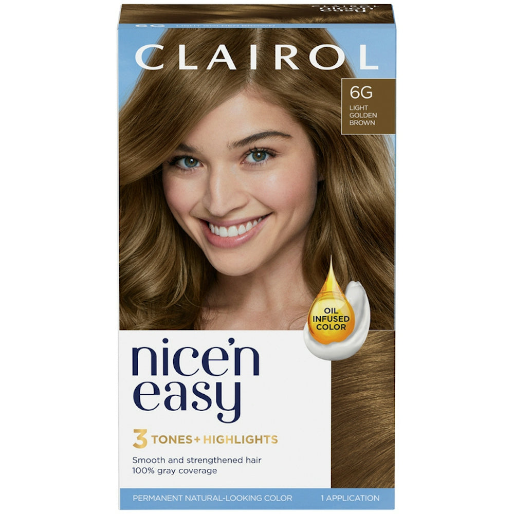 Nice 'N Easy Light Golden Brown 6G permanent hair color box by Pasteur Pharmacy, with golden brown shade and hair color tube visible.