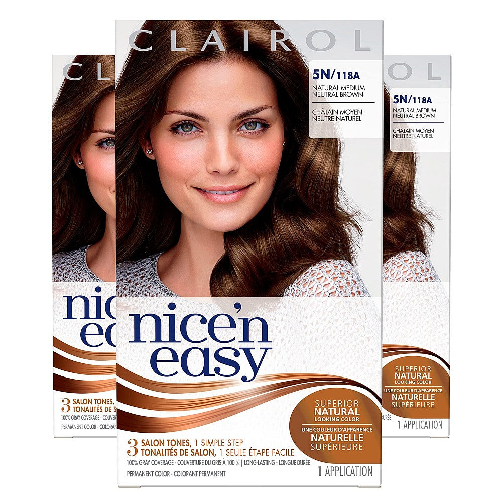 Medium neutral brown hair color in a Nice’n Easy by Pasteur Pharmacy, showcasing the color tube and packaging.