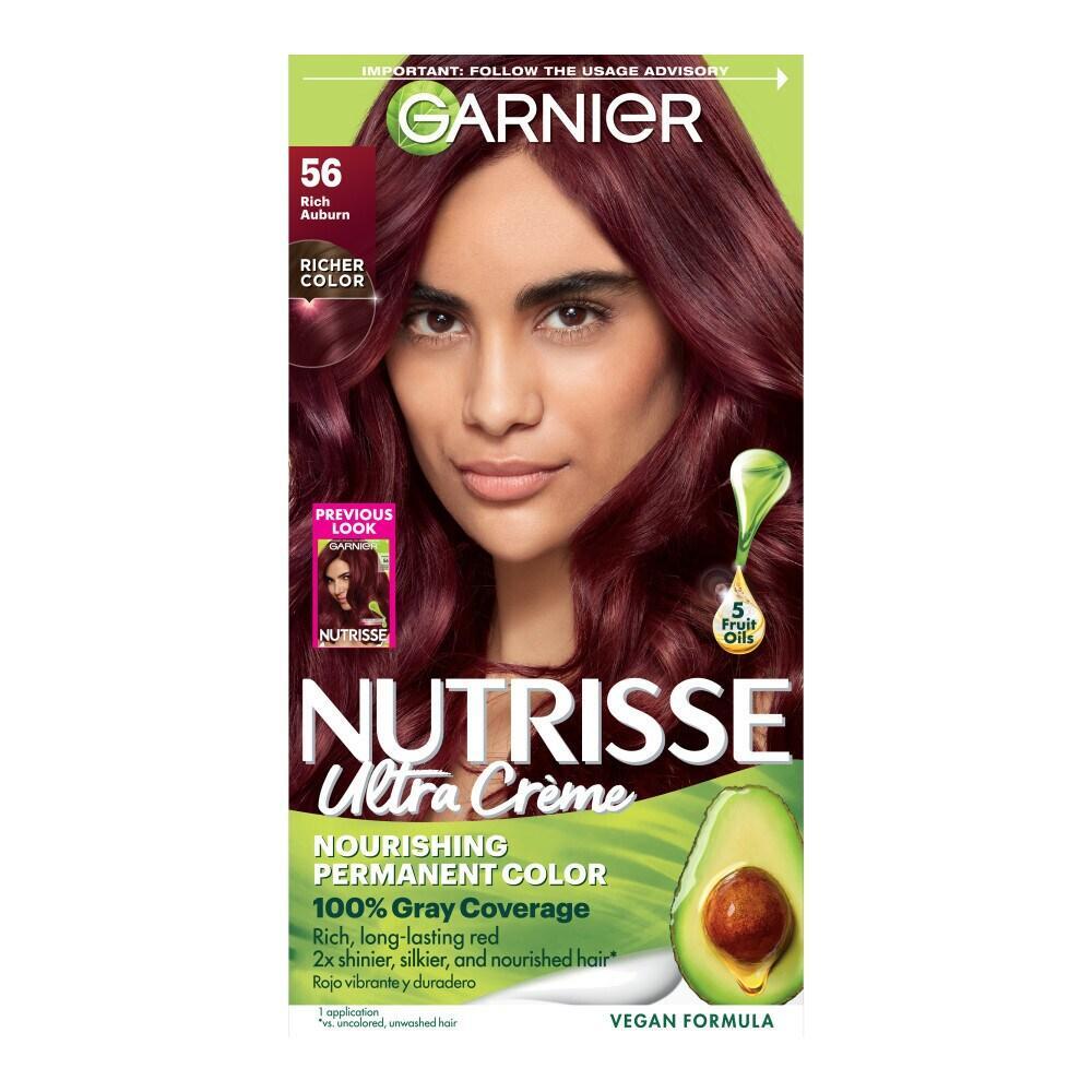 Nutrisse Garnier nourishing hair color creme in 56 Medium Reddish Brown (Sangria) kit, featuring the product tube and packaging.