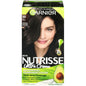 Nutrisse Garnier Nourishing Permanent Hair Color 20 Soft Black, hair dye tube with black and gold packaging, close-up image