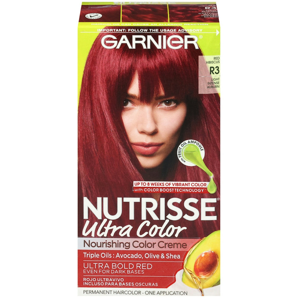 Nutrisse Garnier Ultra Color Nourishing Bold permanent hair creme in R3 Light Intense Auburn, showing the hair color kit.