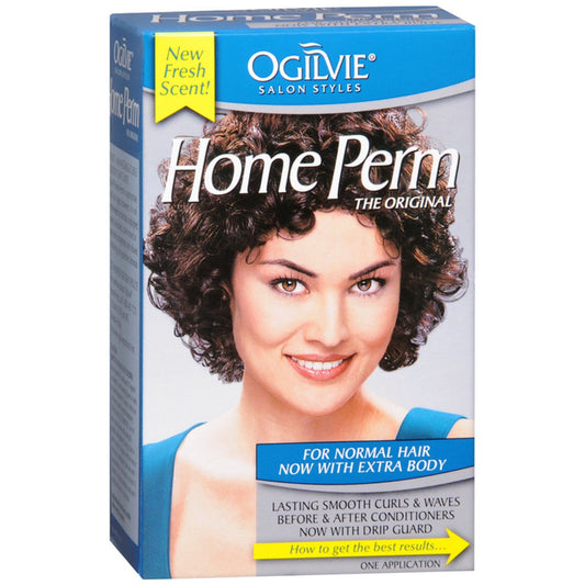 Ogilvie Home Perm hair color for normal hair with extra body, demonstrating a hair treatment kit with bottles and application tools.