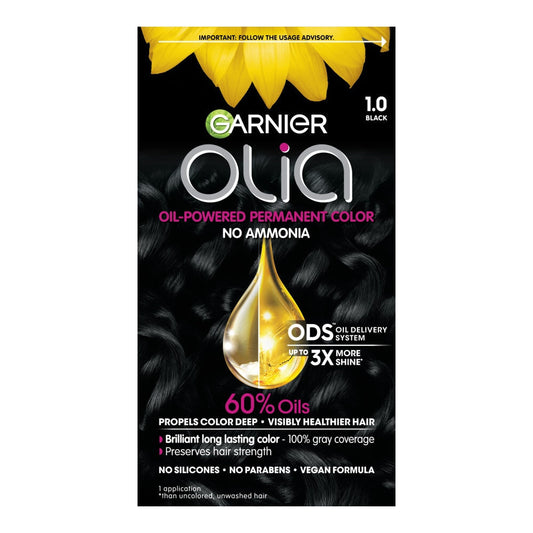 Olia Brilliant Color Black 1.0 permanent hair color in a tube, styled with hair strands showing rich black shade and packaging.